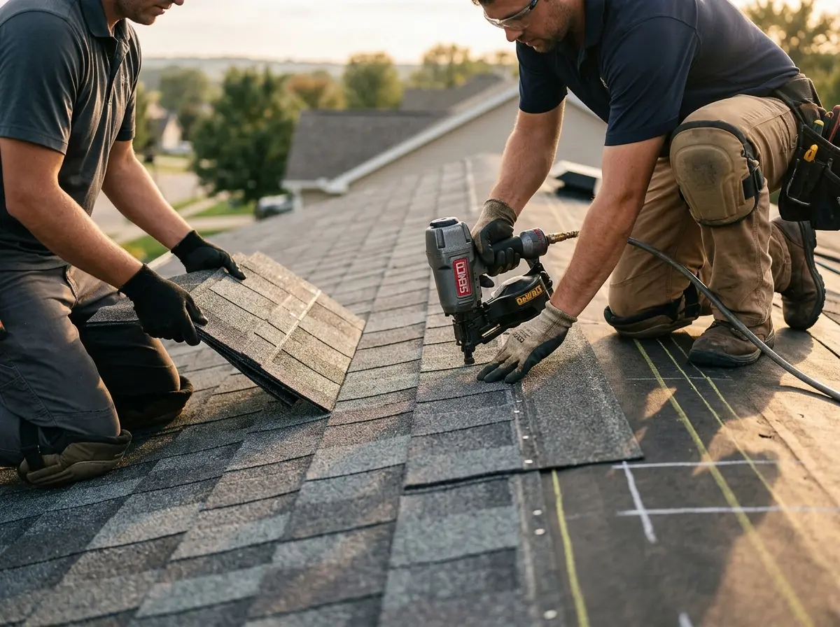 Professional roofer working on a residential roof in Grinnell
